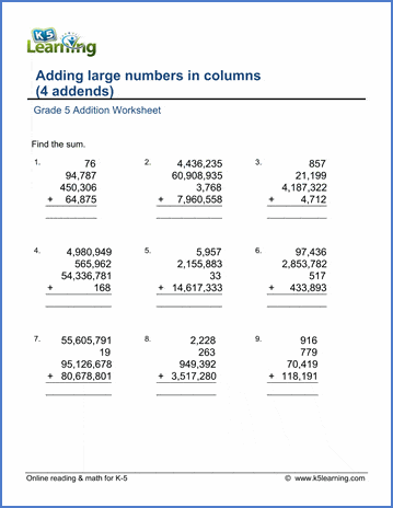 Grade 5 Addition Worksheet adding four large numbers