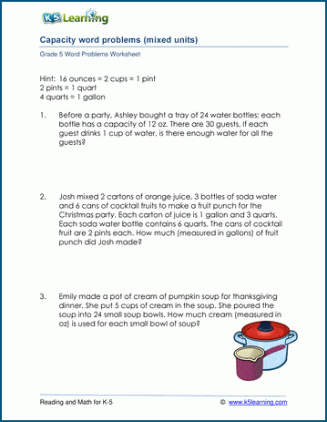 Grade 5 Volume and capacity word problem worksheets