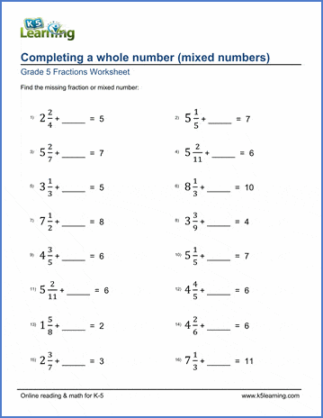 Grade 5 Fractions Worksheet completing whole numbers