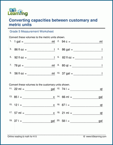 Grade 5 Measurement Worksheet convert capacities or volumes between the metric system and customary units