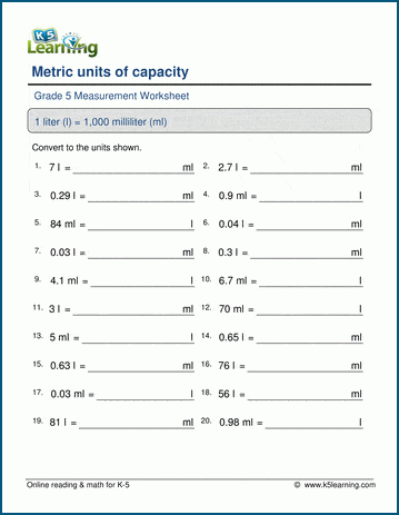 Grade 5 Measurement Worksheet convert metric system capacities