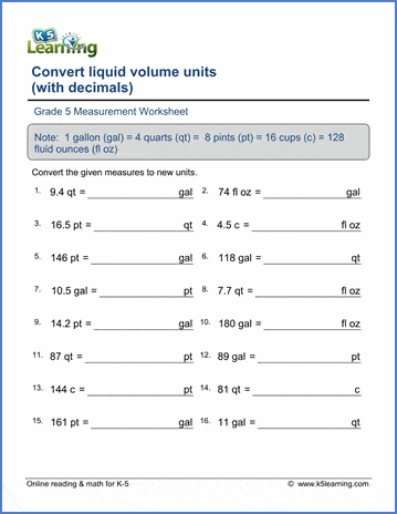 Grade 5 Measurement Worksheet convert liquid volume units with decimals