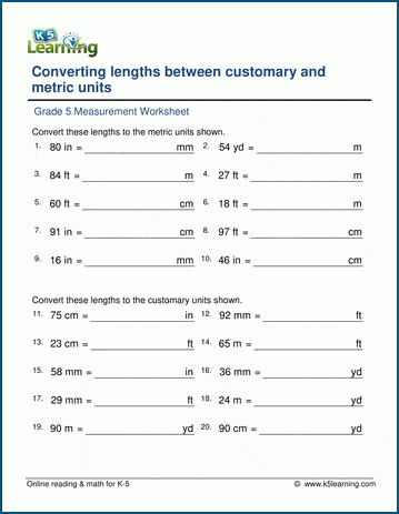 Grade 5 Measurement Worksheet convert lengths between the metric system and customary units