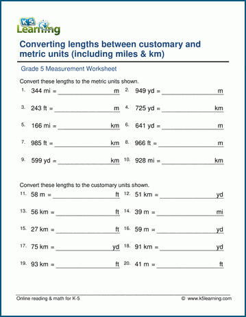 Grade 5 Measurement Worksheet convert longer lengths between the metric system and customary units