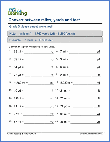 Grade 5 Measurement Worksheet convert between miles, yards and feet