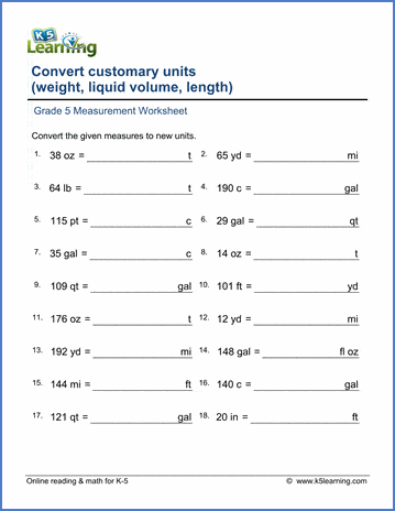 Grade 5 Measurement Worksheet convert mixed customary units with decimals