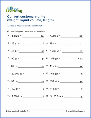 Grade 5 Measurement Worksheet converting mixed customary units
