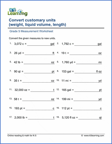 Grade 5 Worksheet: Convert volumes (cups, pints, quarts and