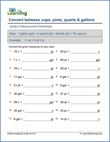 Grade 5 Measurement Worksheet convert between cups. pints, quarts and gallons