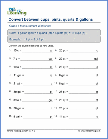 Grade 5 Worksheet: Convert volumes (cups, pints, quarts and