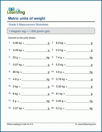 Grade 5 Math Worksheet: Convert metric weights (gm, kg) | K5 Learning