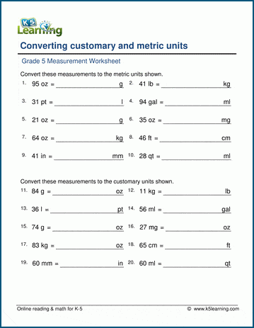 Grade 5 Measurement Worksheet convert lengths, weights, capacities or volumes between the metric system and customary units