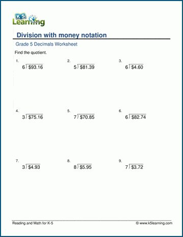Divide  decimals with money notation worksheets 