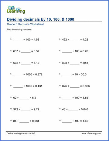 Sample Grade 5 Decimal Division Worksheet