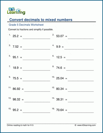 grade 5 fractions worksheets convert decimals to mixed numbers k5