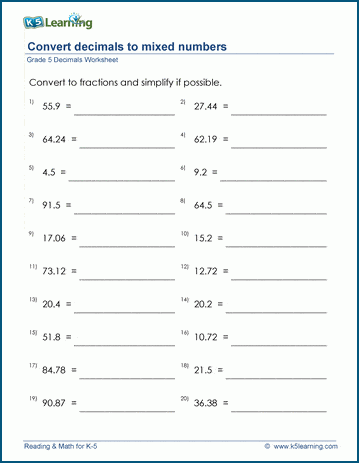 Grade 5 Fractions Worksheets: Convert decimals to mixed numbers | K5  Learning