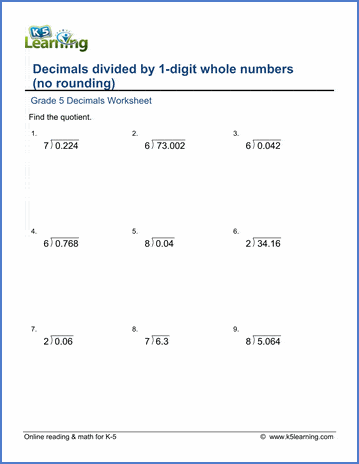 Grade 5 Decimals Worksheet dividing decimals by whole numbers (1-9) with no rounding