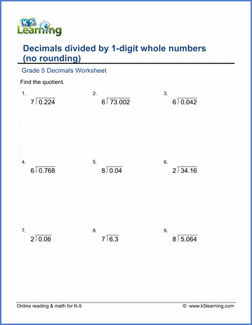 grade 5 math worksheets divide decimals by whole numbers