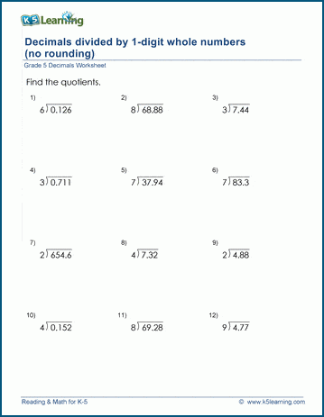 Grade 5 Math Worksheets: Divide decimals by whole numbers (1-9) | K5  Learning