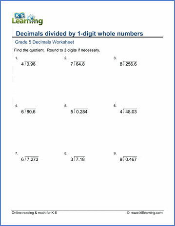 Grade 5 Decimals Worksheet dividing decimals by whole numbers (1-9), no rounding