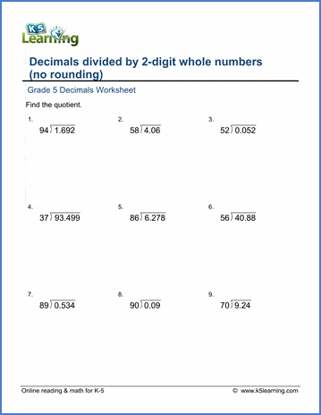 Grade 5 Decimals Worksheet dividing decimals by whole numbers (1-99) with no rounding