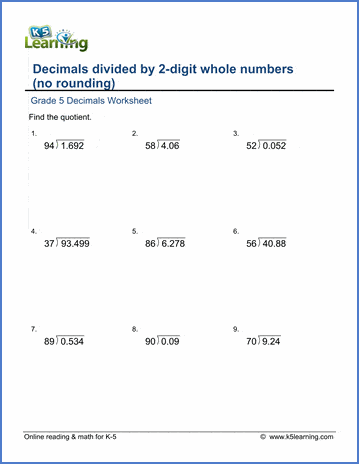 Grade 5 Math Worksheets: Divide Decimals By Whole Numbers (1-99) | K5 Learning