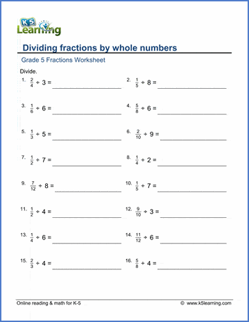 Grade 5 Fractions Worksheet divide fractions by whole numbers
