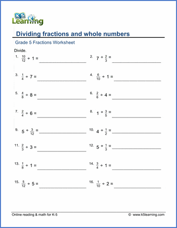 Grade 5 Fractions Worksheet divide fractions and whole numbers