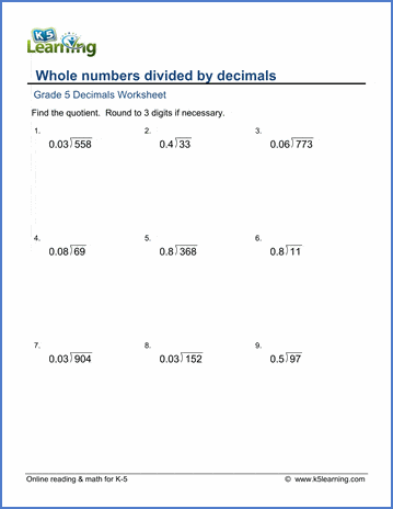 Grade 5 Decimals Worksheet dividing whole numbers by decimals