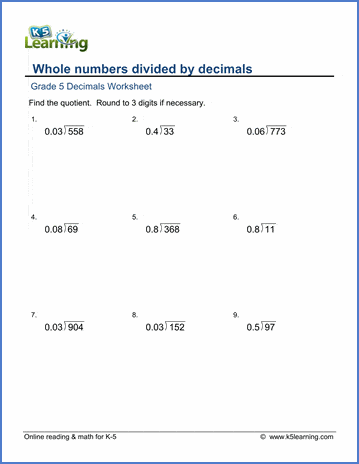 Grade 5 Math Worksheets: Divide whole numbers by decimals | K5 Learning