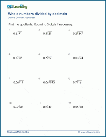 Grade 5 Math Worksheets: Divide whole numbers by decimals | K5 Learning