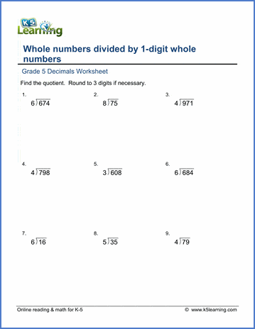 Grade 5 Decimals Worksheet dividing whole numbers by whole numbers (1-9) with rounding