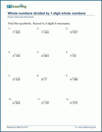 Grade 5 Decimals Worksheets: Divide whole numbers by whole numbers | K5  Learning