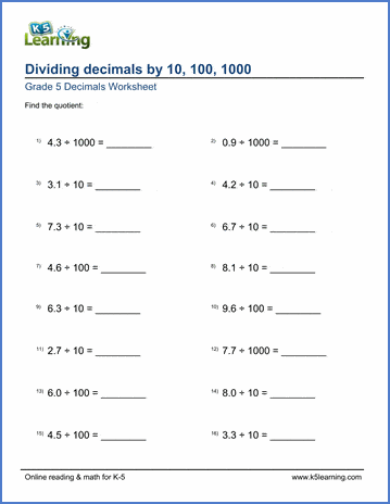 Grade 5 Decimals Worksheet dividing 1-digit decimals by 10, 100 or 1,000