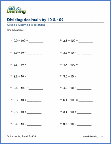 Grade 5 Decimals Worksheet dividing 1-digit decimals by 10 or 100