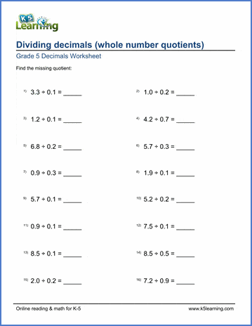 Grade 5 Decimals Worksheet dividing decimals (whole number quotient)