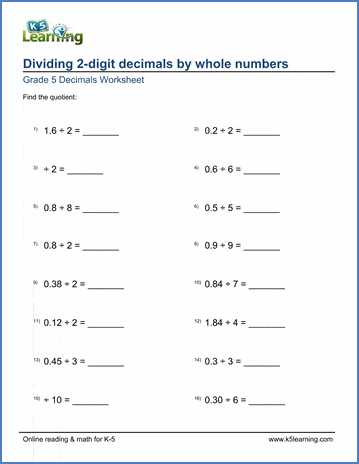 Grade 5 Math Worksheets: Dividing 2-Digit Decimals By Whole Numbers | K5 Learning