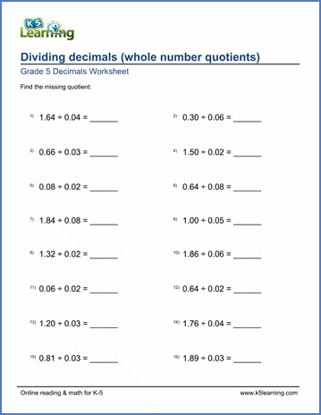 Grade 5 Decimals Worksheet dividing 2-digit decimals (whole number quotient)