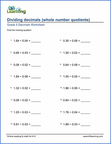 Grade 5 Math Worksheet Decimal Division 2 Digits K5 Learning