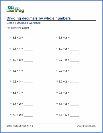 Grade 5 Decimals Worksheet dividing decimals by whole numbers