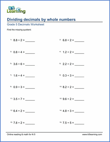 Grade 5 Math Worksheet: Dividing Decimals By Whole Numbers | K5 Learning