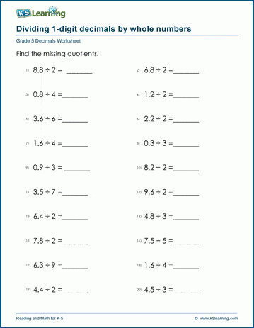 Grade 5 Math Worksheet: Dividing decimals by whole numbers | K5 Learning