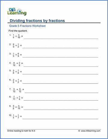 Grade 5 Fractions Worksheet divide fractions by fractions