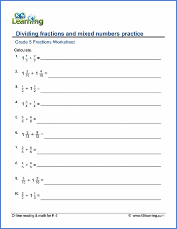 Grade 5 Fractions Worksheet divide fractions and mixed numbers practice