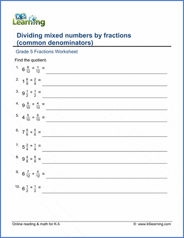 Grade 5 Fractions Worksheet divide mixed numbers by fractions