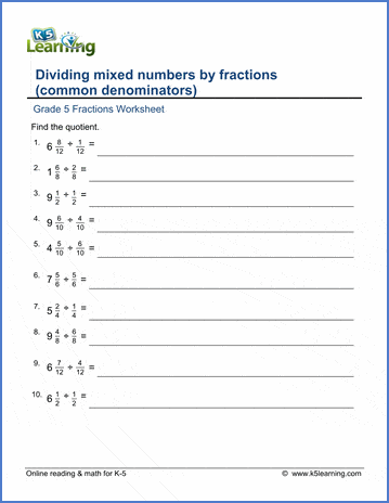 grade 5 fractions worksheet division of mixed numbers by fractions k5 learning