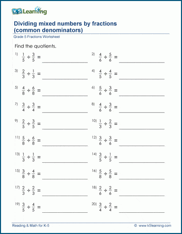 Grade 5 Fractions Worksheet: Division of mixed numbers by fractions | K5  Learning
