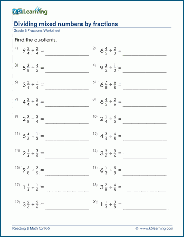 Grade 5 Math Worksheets: Dividing mixed numbers by fractions | K5 Learning