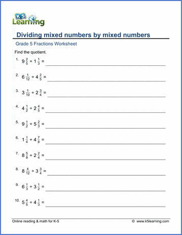 Grade 5 Fractions Worksheet divide mixed numbers by mixed numbers