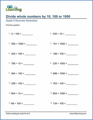 Grade 5 Decimals Worksheet dividing whole numbers by 10, 100 or 1,000